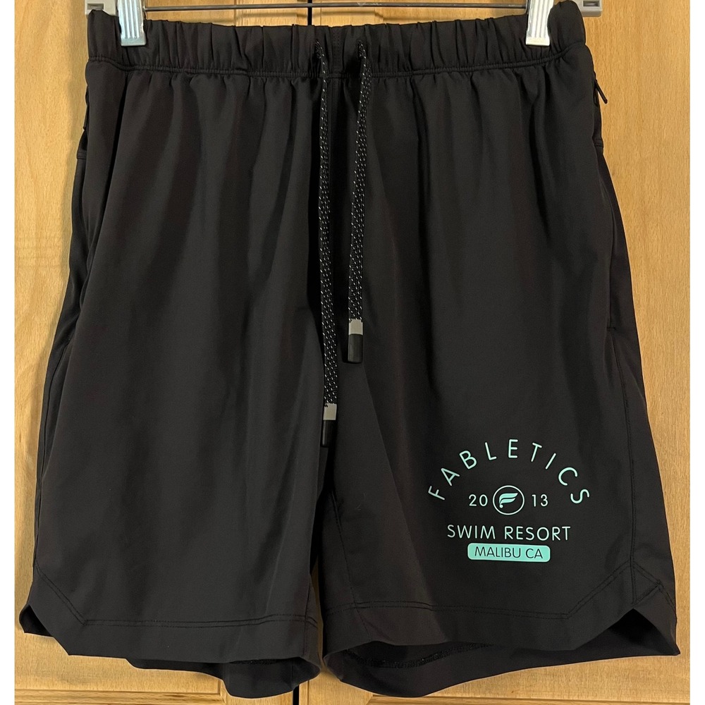 Fabletics Swim Resort Shorts Men's Small‎ Black Malibu CA Graphic SO2354541